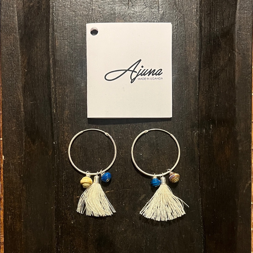 White Tassel Hoop Earrings with Blue and Yellow Beads